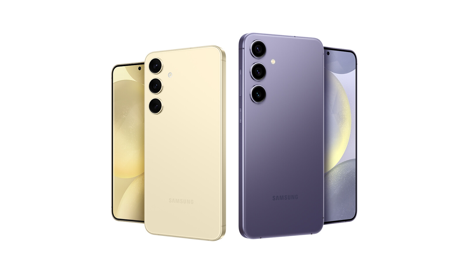 Samsung Galaxy s24+ arany és lila színű modellek elölről és a hátlapjukkal