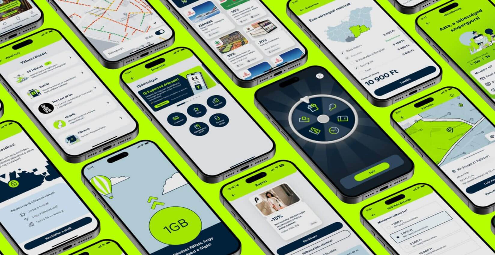 Yettel App képernyők, a funkciókat felsorakoztatva