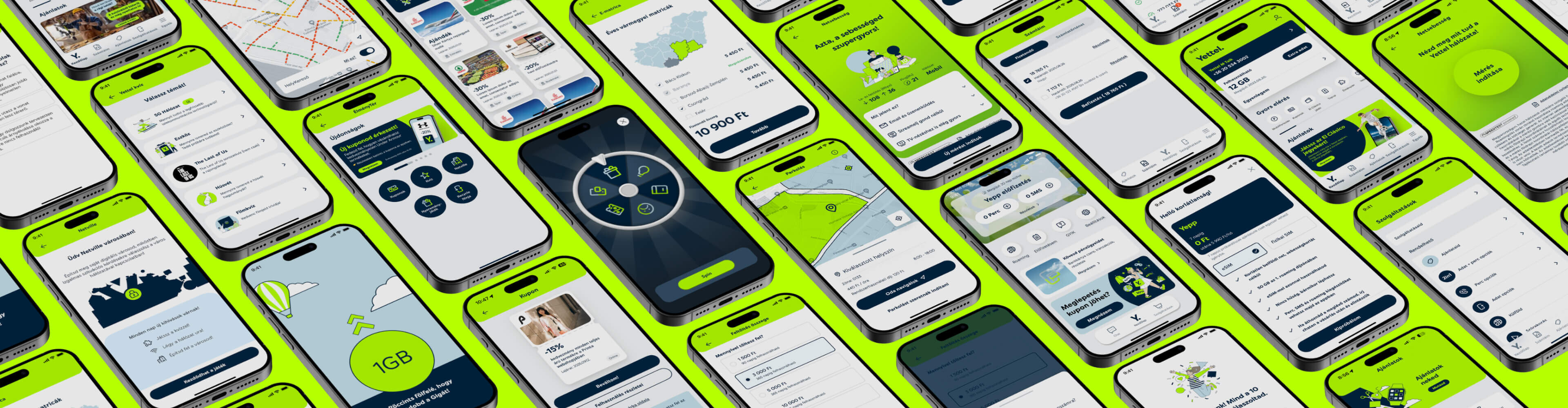 A Yettel alkalmazás több képernyője látható, amelyek vizuálisan bemutatják az app fő funkcióit modern okostelefon kijelzőkön, letisztult és felhasználóbarát felületen.