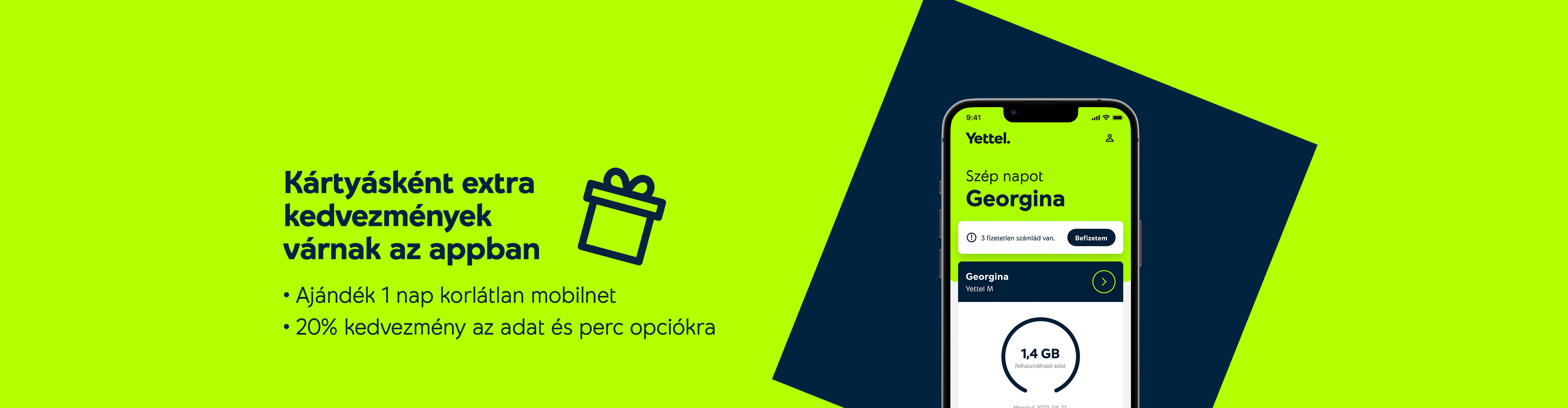 Kártyásként extra kedvezmények várnak az appban. Ajándék 1 nap korlátlan mobilnet, 20% kedvezmény az adat és perc opciókra.