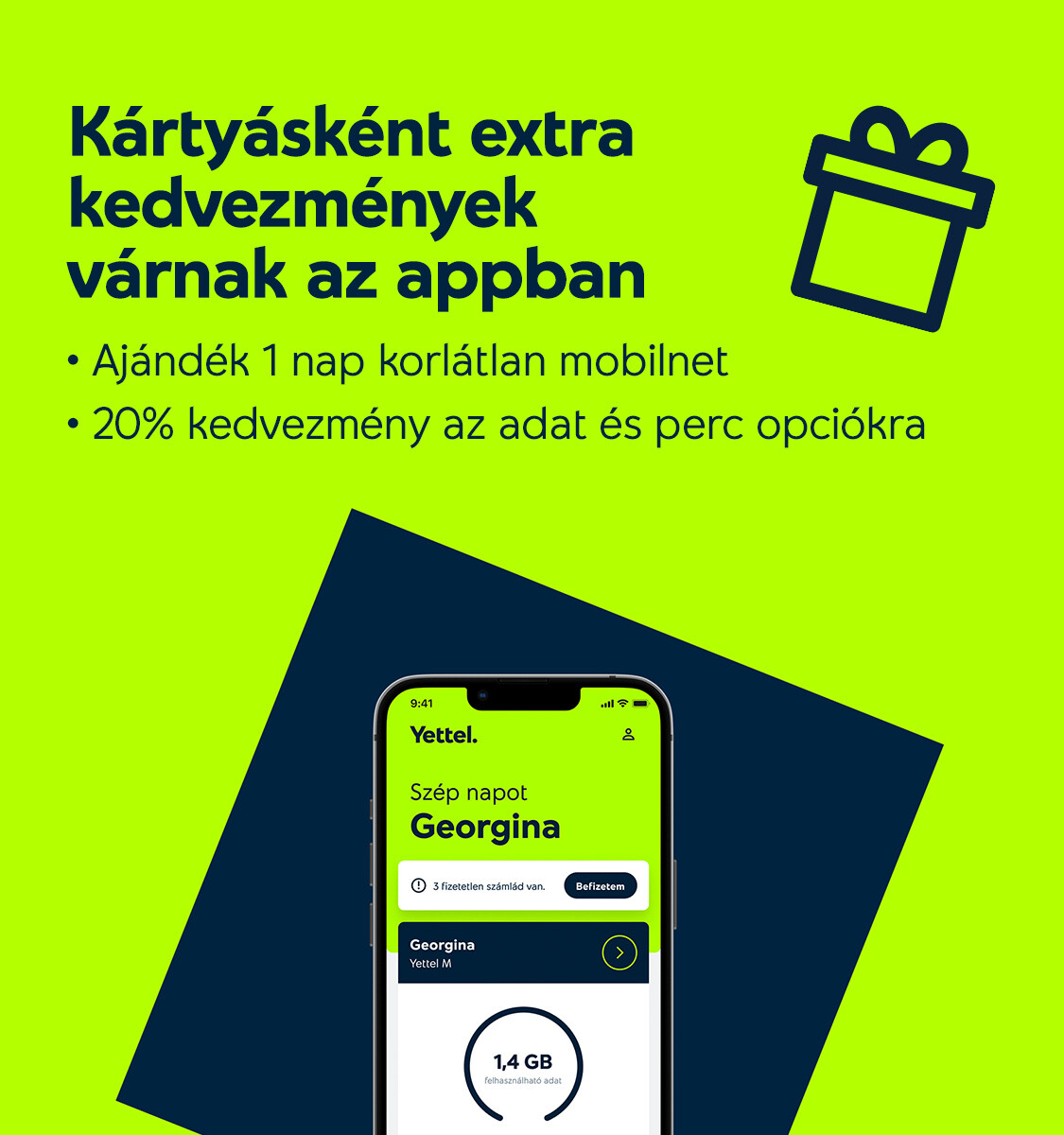 Kártyásként extra kedvezmények várnak az appban. Ajándék 1 nap korlátlan mobilnet, 20% kedvezmény az adat és perc opciókra.