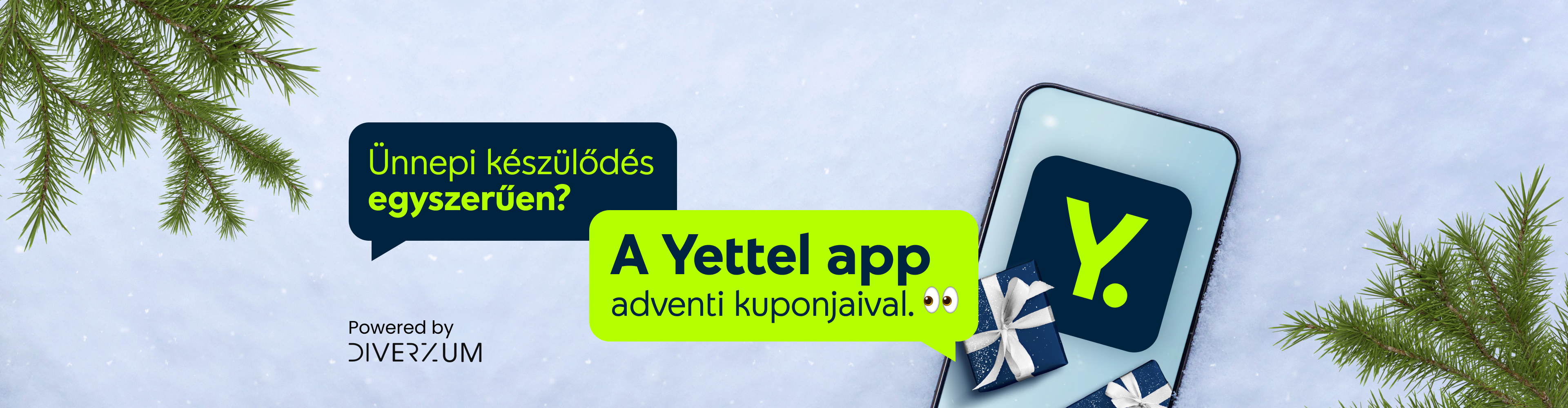 Egy kép, egy telefont mutatva az alábbi párbeszéddel: Ünnepi készülődés egyszerűen? A Yettel app adventi kuponjaival!