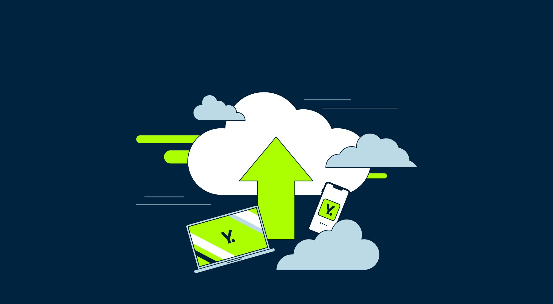 Illusztráció a Yettel felhő szolgáltatásáról. A képen egy laptop, egy mobilfelefon és egy felhő látható Yettel logó háttérképpel.