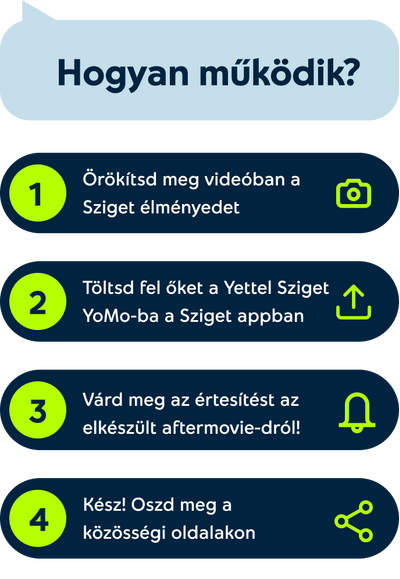 Hogyan működik? Örökítsd meg videóban a Sziget élményedet Töltsd fel őket a Yettel Sziget YoMo-ba a Sziget appban Várd meg az értesítést az elkészült aftermovie-dról! Kész! Oszd meg a közösségi oldalakon