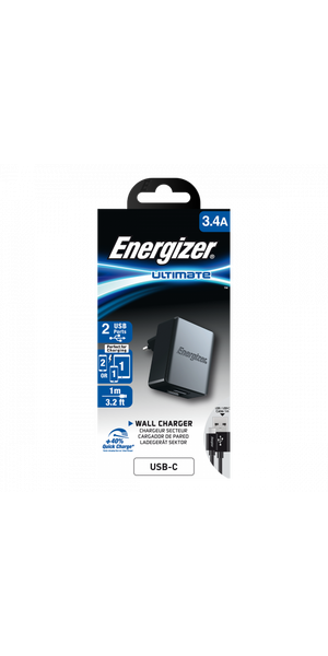 Energizer fali töltő, 3.4 A, 2 USB, Type C kábellel Energizer fali töltő, 3.4 A, 2 USB, Type C kábellel