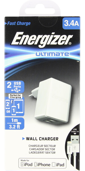Energizer fali töltő, 3.4 A, 2 USB, Lightning kábellel Energizer fali töltő, 3.4 A, 2 USB, Lightning kábellel