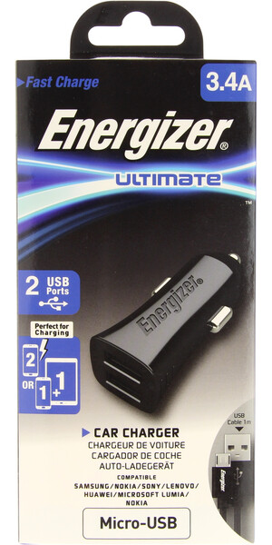 Energizer autós töltő, 3,4A, 2 USB, Micro USB kábellel