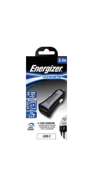 Energizer autós töltő, 3,4A, 2 USB, Type C kábellel