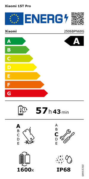 Xiaomi 15T PRO 5G 12/512GB A energetikai besorolás