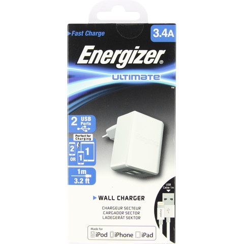 Energizer fali töltő, 3.4 A, 2 USB, Lightning kábellel